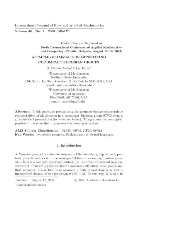 (PDF) A Simple Grammar for Generating Fuchsian Groups Luc