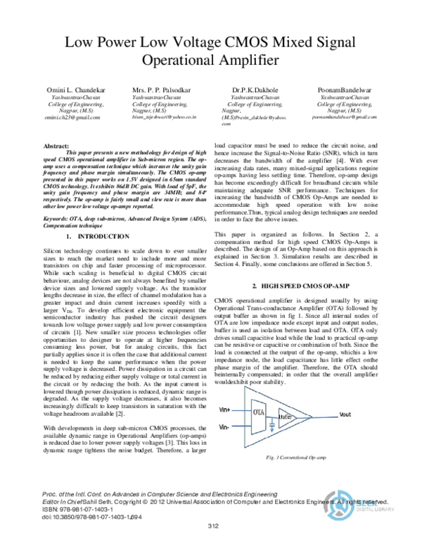 (PDF) Low Power Low Voltage CMOS Mixed Signal Operational Amplifier