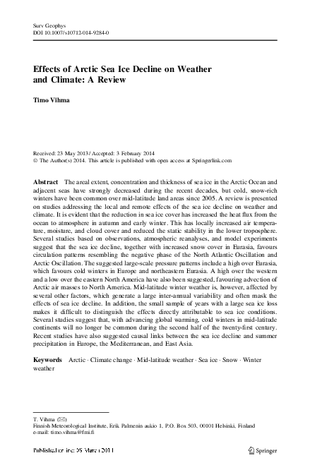 (PDF) Effects of Arctic Sea Ice Decline on Weather and Climate: A Review