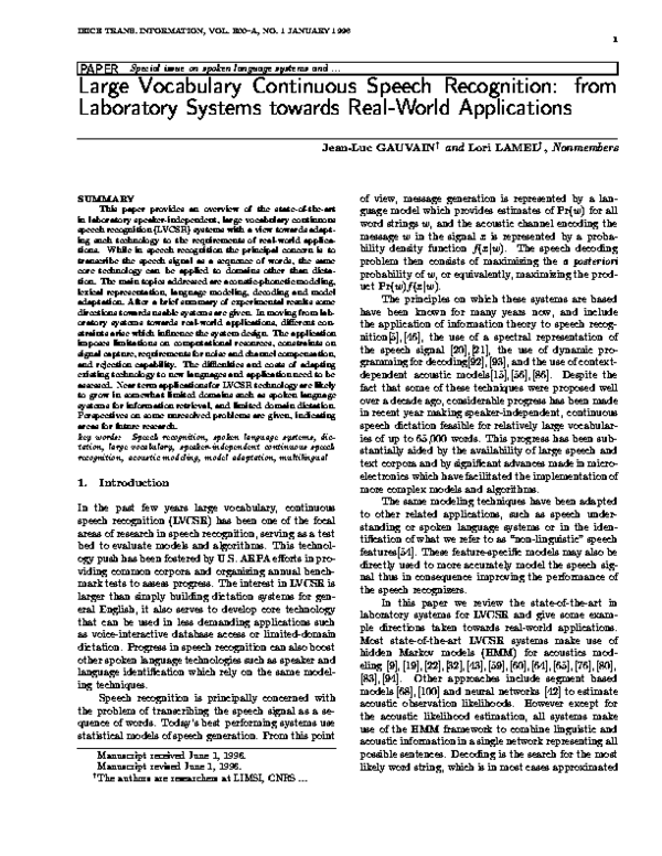(PDF) Large Vocabulary Continuous Speech Recognition: from Laboratory ...
