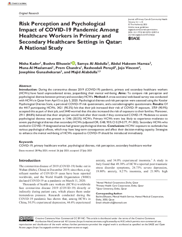 (PDF) Risk Perception and Psychological Impact of COVID-19 Pandemic ...