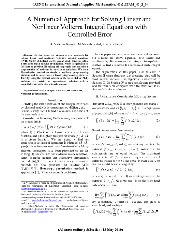 (PDF) A Numerical Approach for Solving Linear and NonlinearVolterra ...