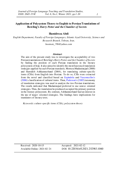 (PDF) Application of Polysystem Theory to English to Persian ...
