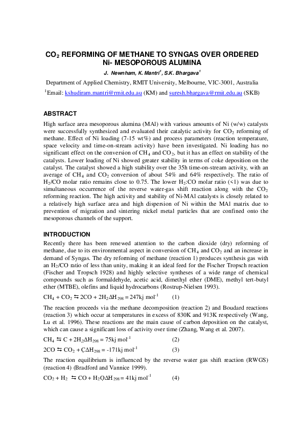 (PDF) CO2 Reforming of Methane to Syngas over Ordered Ni-Mesoporous Alumina