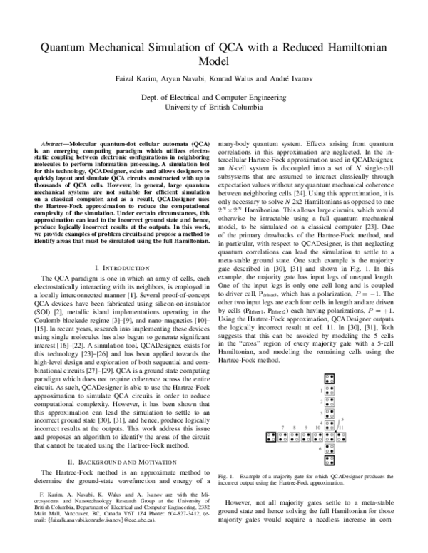 (PDF) Quantum Mechanical Simulation of QCA with a Reduced Hamiltonian Model