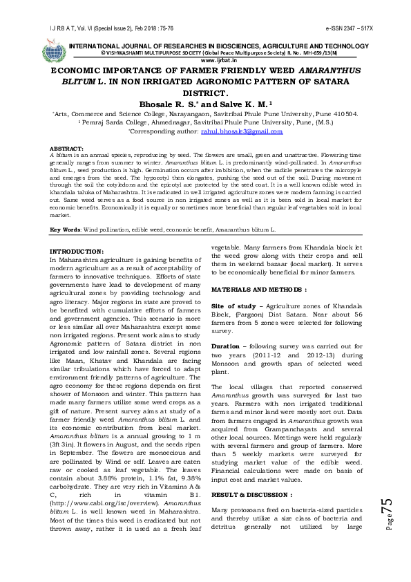 (PDF) ECONOMIC IMPORTANCE OF FARMER FRIENDLY WEED AMARANTHUS BLITUM L. IN NON IRRIGATED