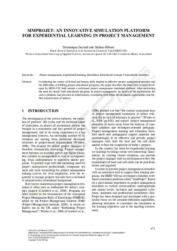 (PDF) SimProjet: An Innovative Simulation Platform for Experiential ...