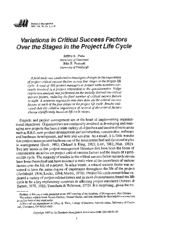 (PDF) Variations in Critical Success Factors Over the Stages in the ...