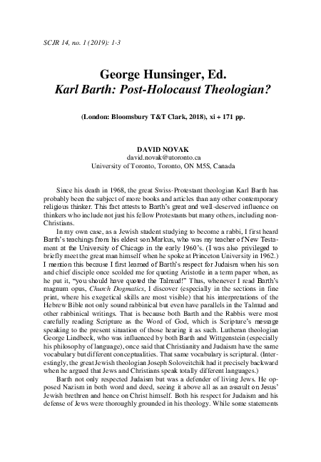 (PDF) George Hunsinger, Ed. Karl Barth: Post-Holocaust Theologian?