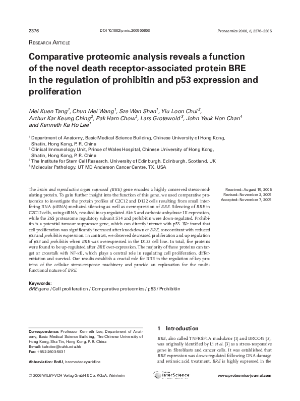 (PDF) Comparative proteomic analysis reveals a function of the novel ...