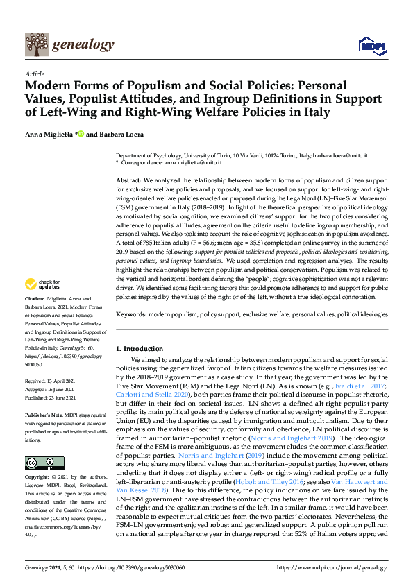 (PDF) Modern Forms of Populism and Social Policies: Personal Values ...