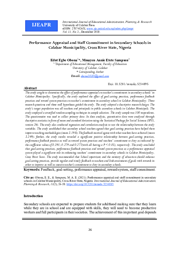(PDF) Performance Appraisal and Staff Commitment in Secondary Schools ...
