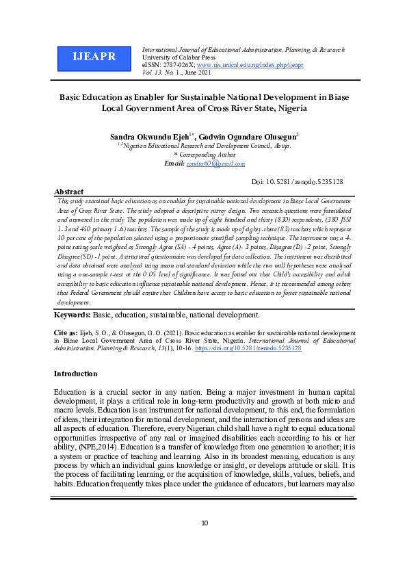 (PDF) Basic Education as Enabler for Sustainable National Development ...