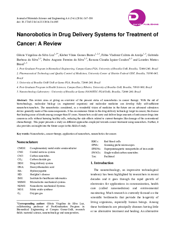 (PDF) Nanorobotics in Drug Delivery Systems for Treatment of Cancer: A ...