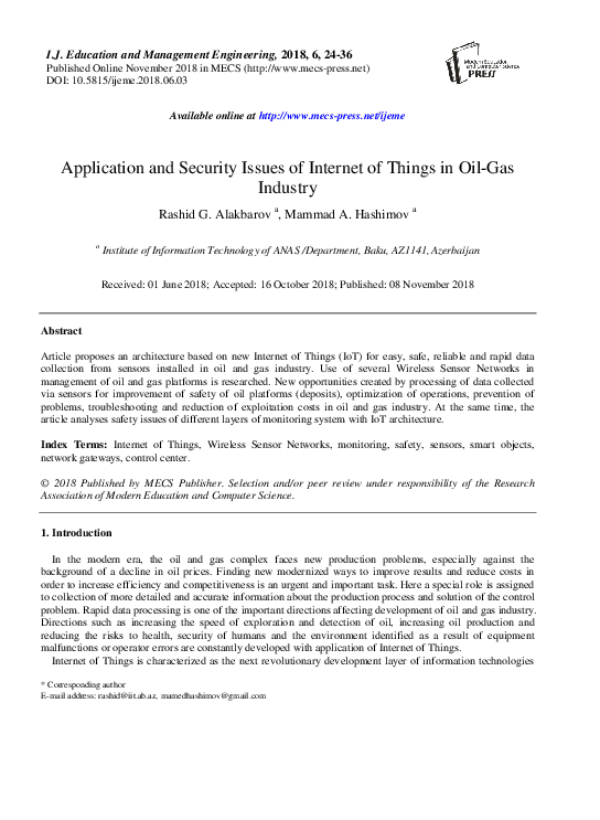 (PDF) Application and Security Issues of Internet of Things in Oil-Gas ...