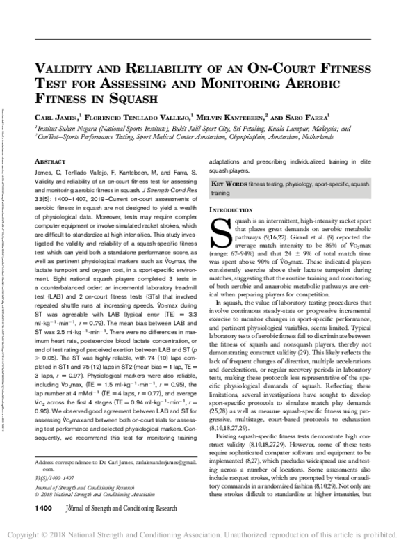 (PDF) VALIDITY AND RELIABILITY OF AN ON-COURT FITNESS TEST FOR ...
