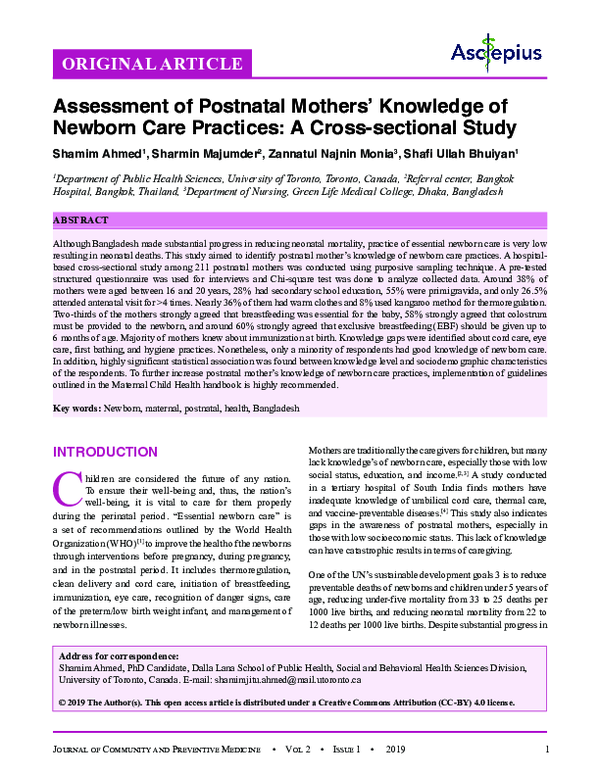 (PDF) Assessment of Postnatal Mothers’ Knowledge of Newborn Care ...