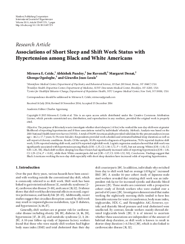 (PDF) Associations of Short Sleep and Shift Work Status with ...