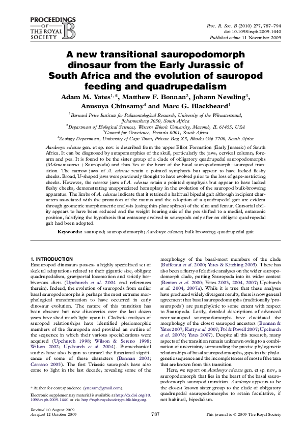 A new transitional sauropodomorph dinosaur from the Early Jurassic of South Africa and the evolution of sauropod feeding and quadrupedalism