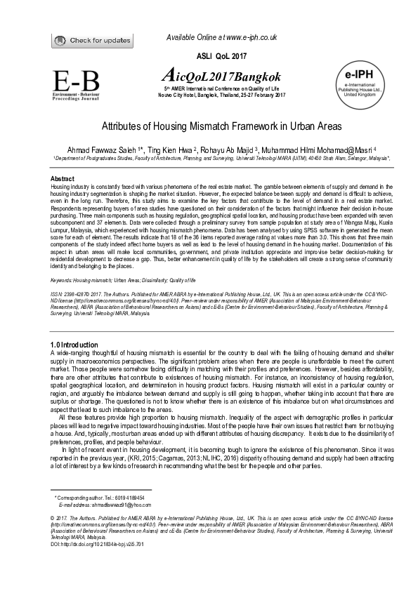 (PDF) Attributes of Housing Mismatch Framework in Urban Areas