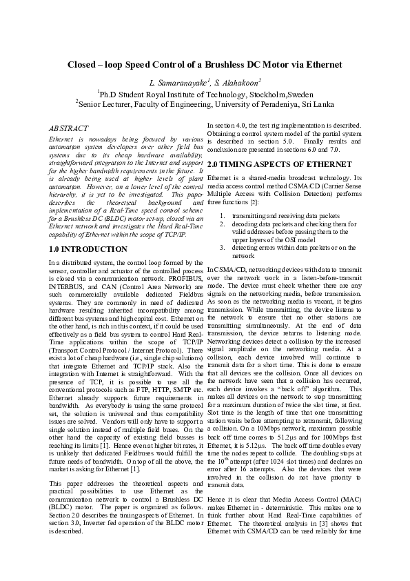 (PDF) Closed - loop Speed Control of a Brushless DC Motor via Ethernet