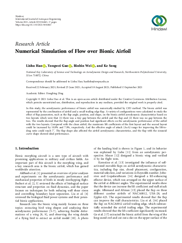 (PDF) Numerical Simulation of Flow over Bionic Airfoil