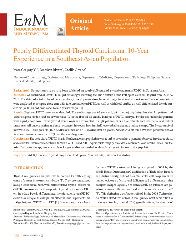 (PDF) Poorly Differentiated Thyroid Carcinoma: 10-Year Experience in a ...