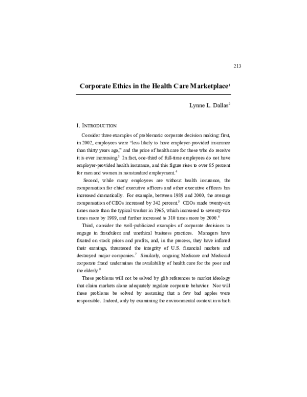 (PDF) Corporate Ethics in the Health Care Marketplace