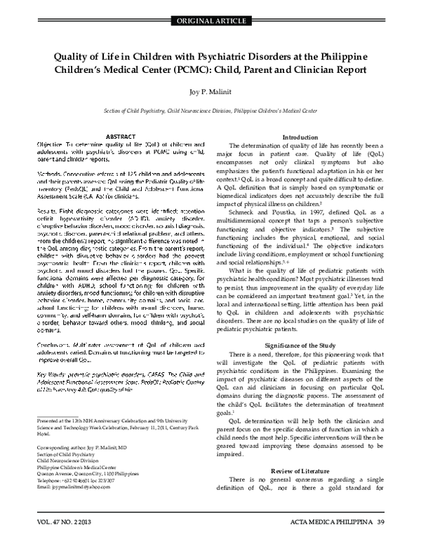 (PDF) Quality of Life in Children with Psychiatric Disorders at the ...