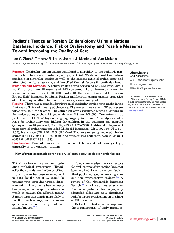 (PDF) Pediatric Testicular Torsion Epidemiology Using a National Database Incidence, Risk of