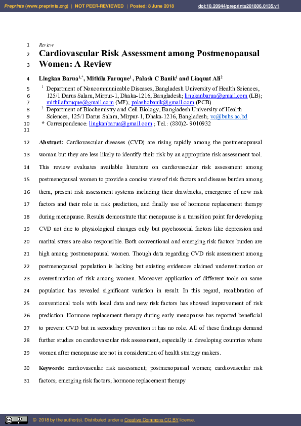 (PDF) Cardiovascular Risk Assessment among Postmenopausal Women: A Review
