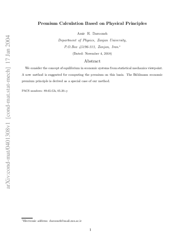 (PDF) Premium Calculation Based on Physical Principles