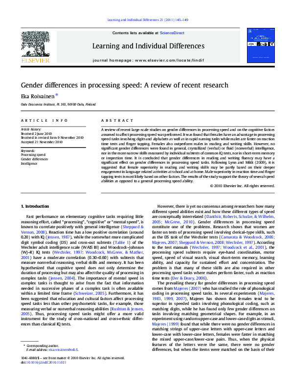 (PDF) Gender differences in processing speed: A review of recent research