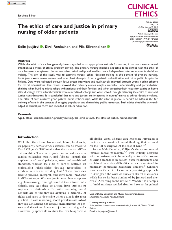 (PDF) The ethics of care and justice in primary nursing of older patients