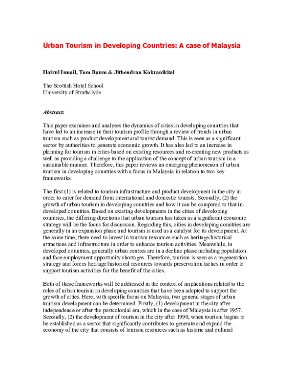 (PDF) Urban Tourism in Developing Countries: A case of Malaysia