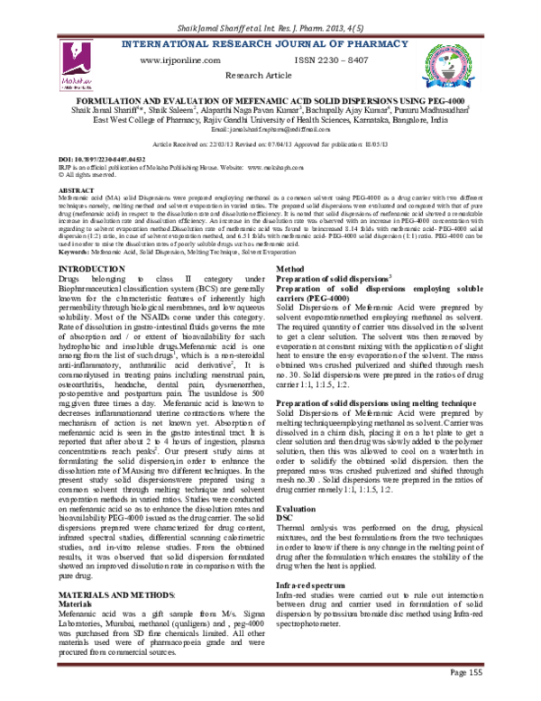 (PDF) Formulation and Evaluation of Mefenamic Acid Solid Dispersions ...