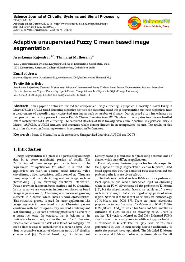 (PDF) Adaptive Unsupervised Fuzzy C Mean Based Image Segmentation