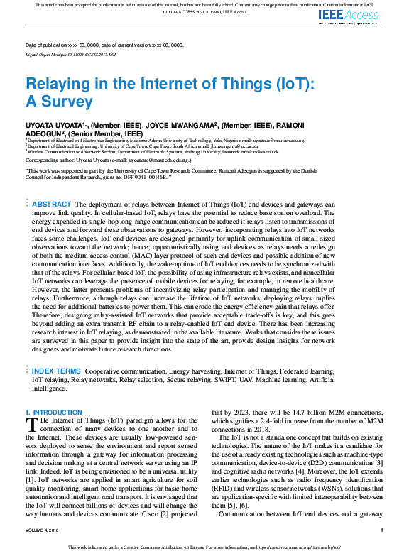 (PDF) Relaying in the Internet of Things (IoT): A Survey