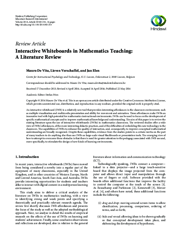 (PDF) Interactive Whiteboards in Mathematics Teaching A Literature