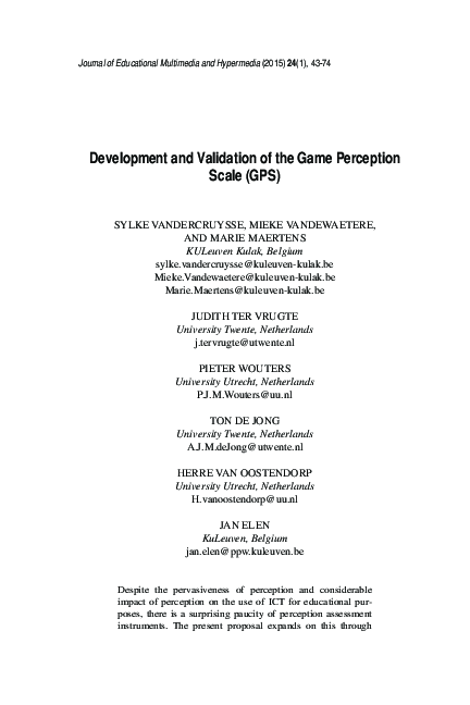 (PDF) Development and Validation of the Game Perceptions Scale (GPS)