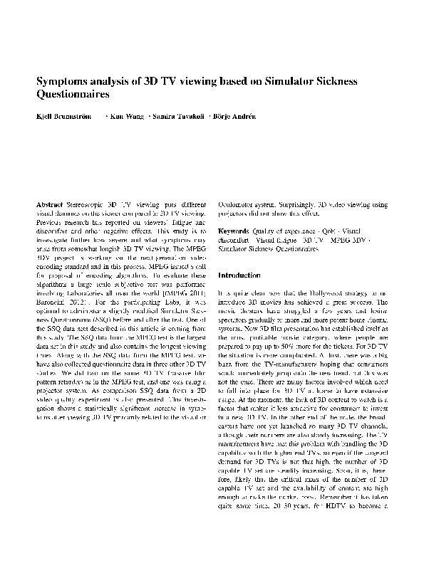 (PDF) Symptoms analysis of 3D TV viewing based on Simulator Sickness ...