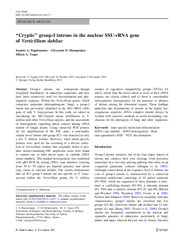 (PDF) “Cryptic” group-I introns in the nuclear SSU-rRNA gene of ...
