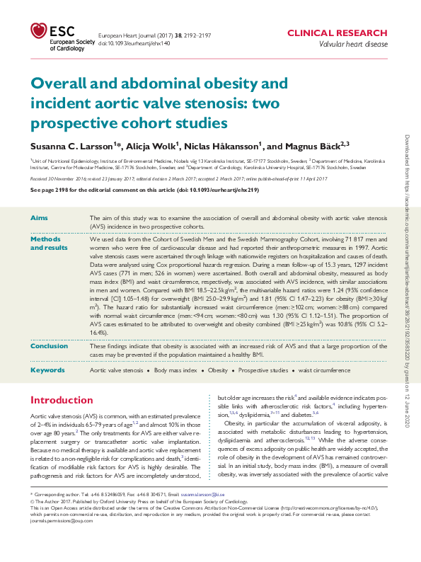 (PDF) Overall and abdominal obesity and incident aortic valve stenosis ...