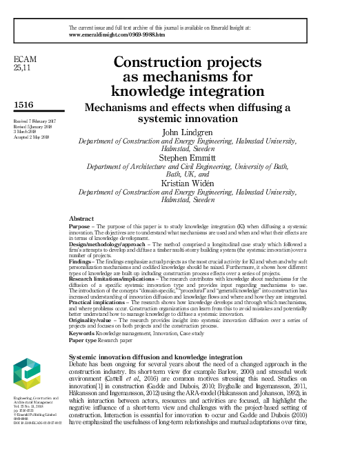 (PDF) Construction projects as mechanisms for knowledge integration