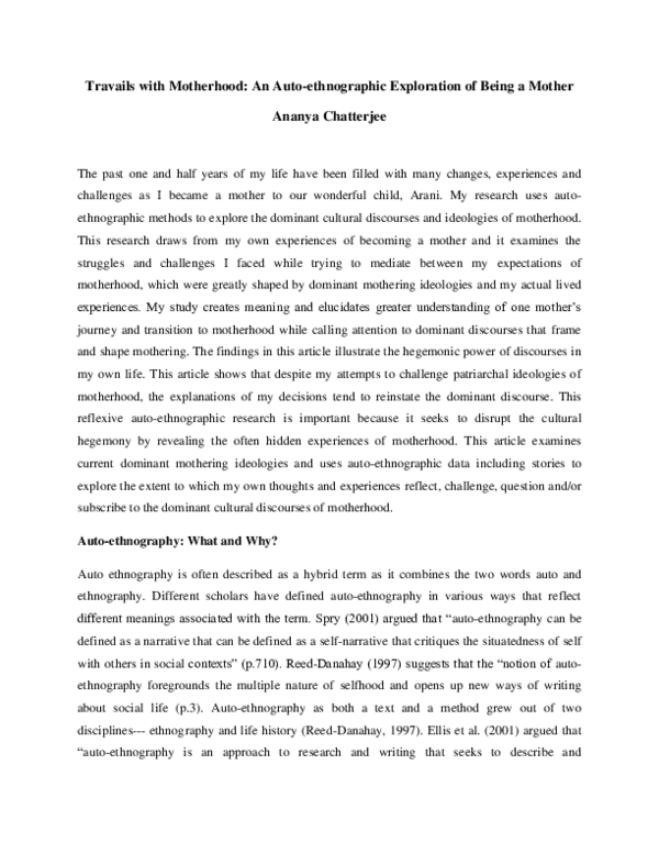 Travails with Motherhood: An Auto-ethnographic Exploration of Being a Mother