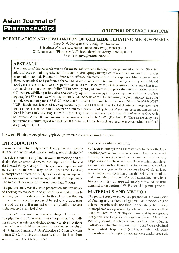 (PDF) Formulation and Evaluation of Glipizide floating Microspheres ...