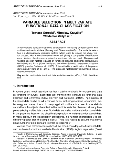 (PDF) Variable Selection in Multivariate Functional Data Classification