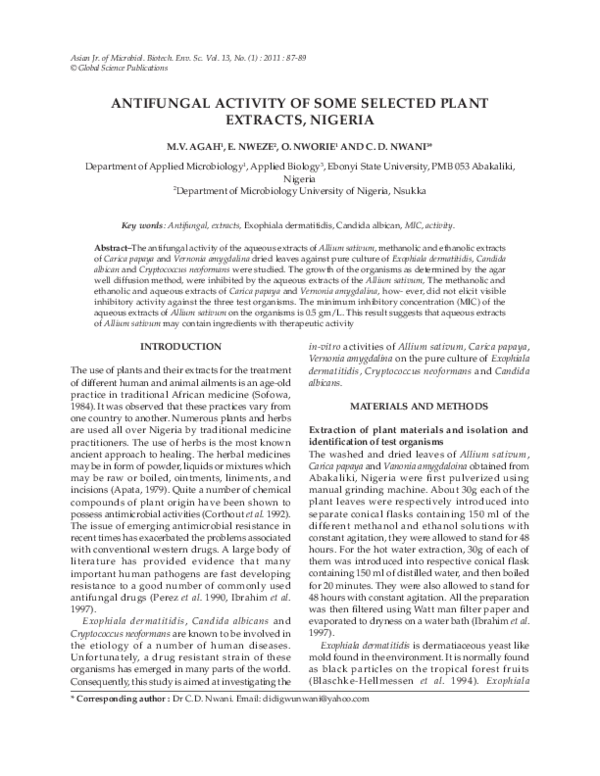 (PDF) Antifungal Activity of Some Selected Plant Extracts, Nigeria