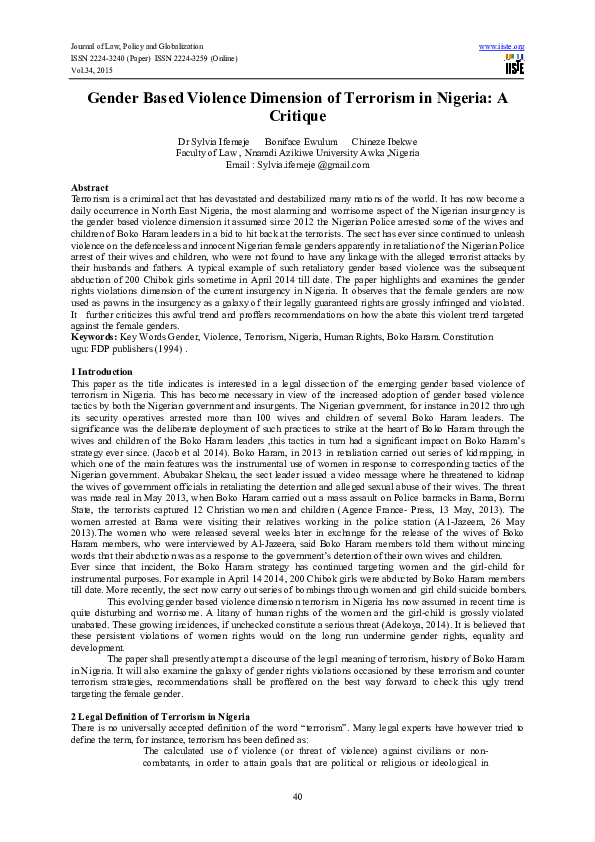 (PDF) Gender Based Violence Dimension of Terrorism in Nigeria: A Critique