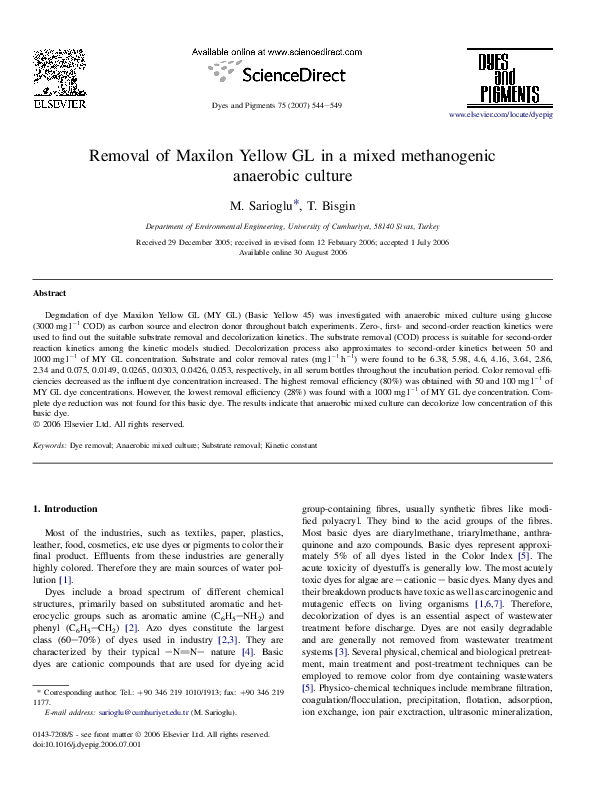(PDF) Removal of Maxilon Yellow GL in a mixed methanogenic anaerobic ...